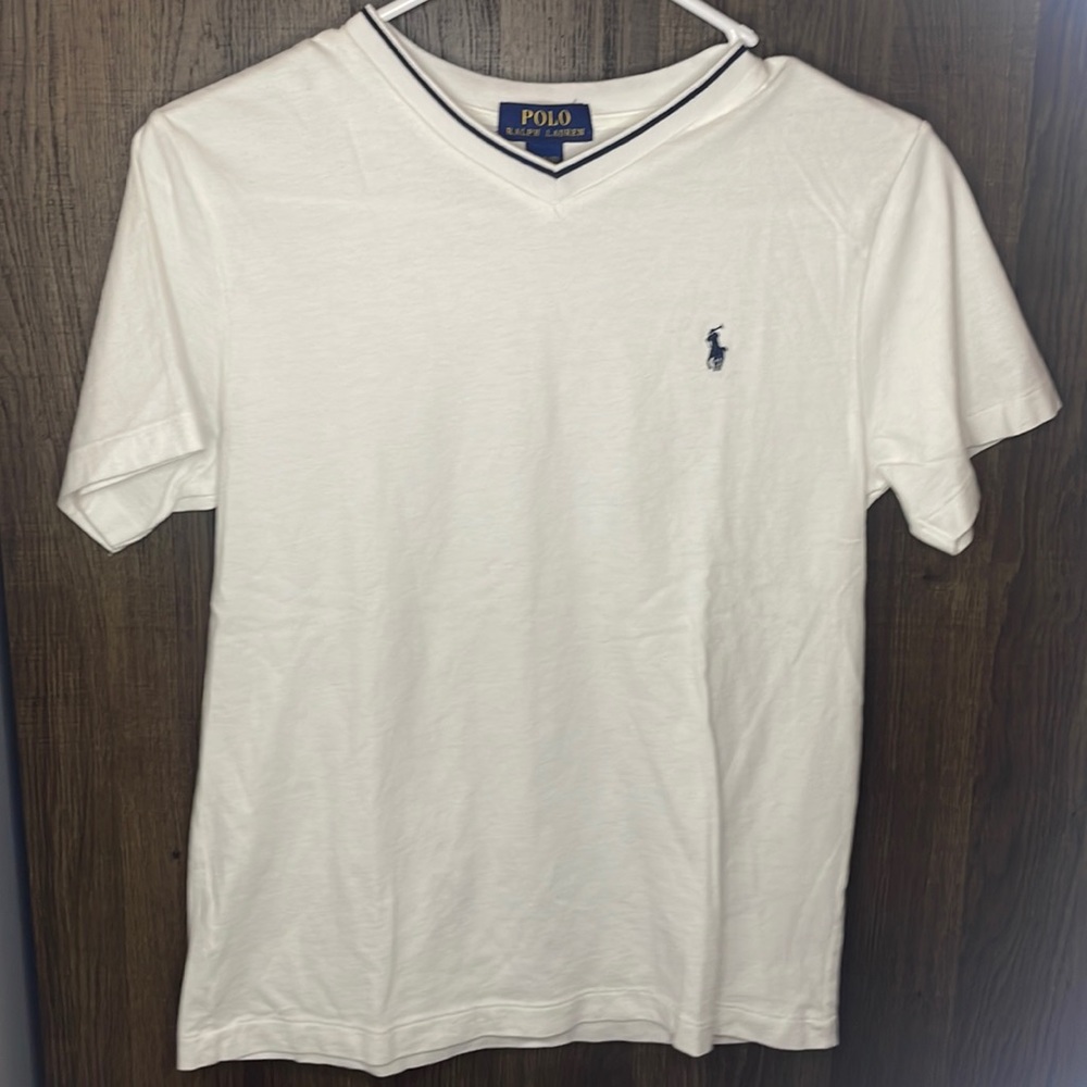 Youth medium white polo t-shirt with navy logo